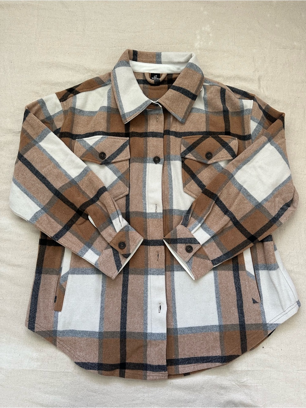 Woolx Sawyer Merino Wool Plaid Shacket XL Brown Beige Oversized Shirt Jacket